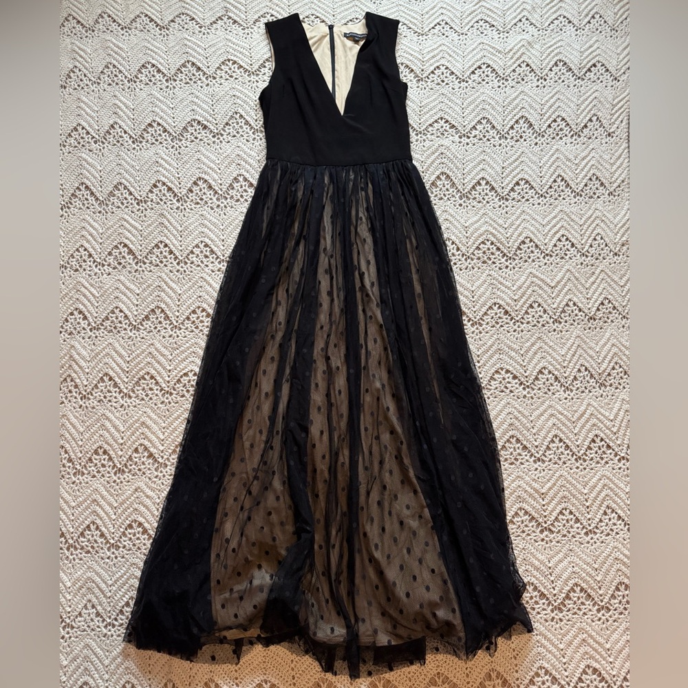 Boston Proper Prom Black V-Neck Swiss Dot Maxi Dress Sheer Mesh Overlay Size 6